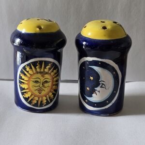Blue Ceramic Sun & Moon Salt and Pepper Shakers - Yellow Accent